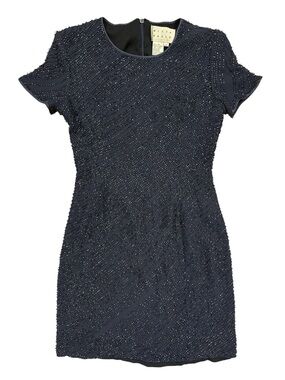 Vintage 100% Silk Bieff Basix Navy Beaded Mini Cocktail Dress